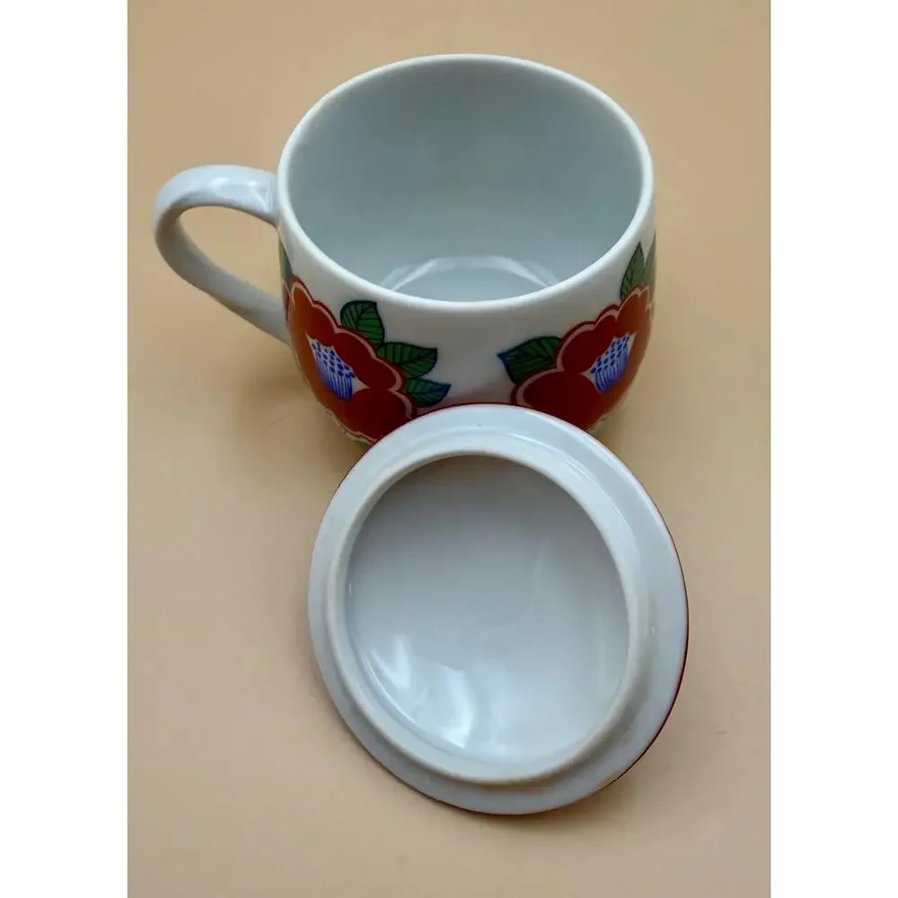 Vintage Fitz & Floyd Camellia Covered Tea Cup Lidded Mug Japan Red Floral EUC